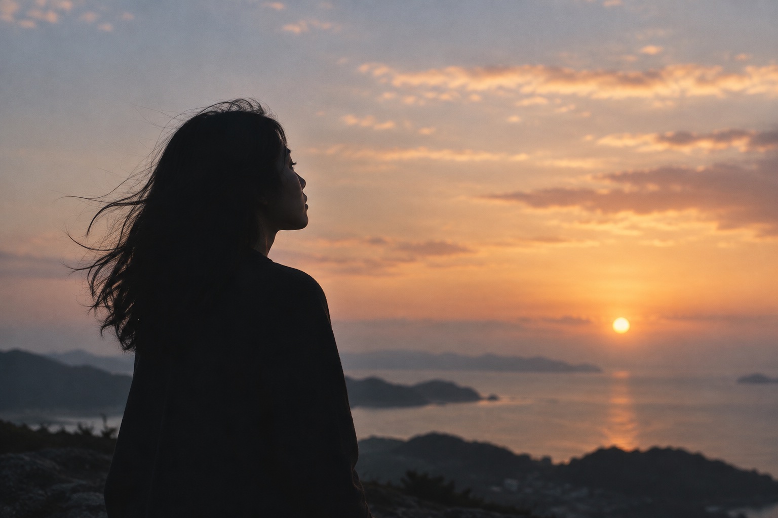 夕空を見つめる人物のシルエット。想いを確かめるコンセプトイメージ